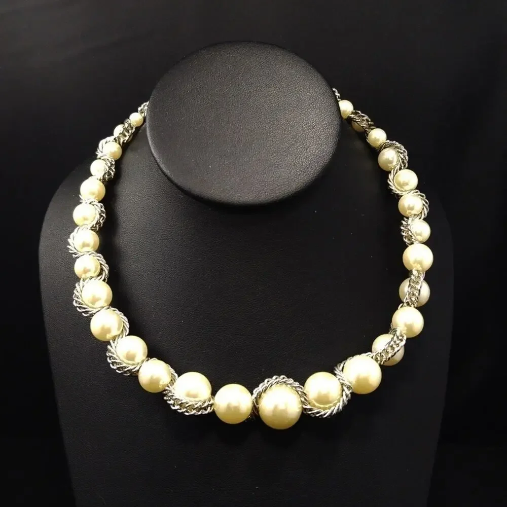 Faux Pearl Silver Chain Memory Wire Choker Necklace, 21 Inches, CG Hangtag